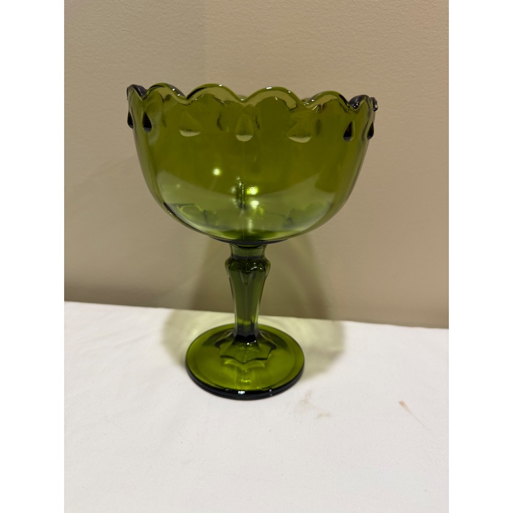 Vintage Indiana Glass Compote Dish Avocado Green Teardrop 7.25in